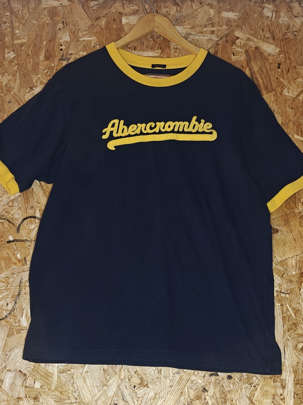 Abercrombie & Fitch Navy Muscle Tee with Yellow Logo and Trim
